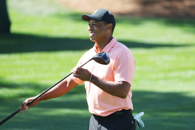AUGUSTA, GEORGIA - APRIL 03: Tiger Woods of the United States warms up in the practice area prior to the Masters at Augusta National Golf Club on April 03, 2022 in Augusta, Georgia. (Photo by Andrew Redington/Getty Images)
