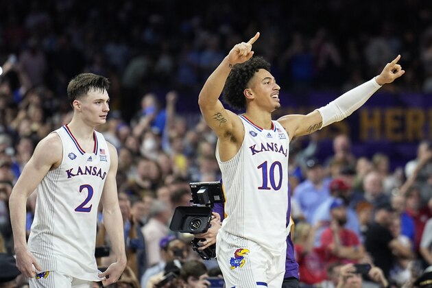 Kansas forward Jalen Wilson (10) celebrates after their win against North Carolina in a college basketball game at the finals of the Men's Final Four NCAA tournament, Monday, April 4, 2022, in New Orleans. (AP Photo/Brynn Anderson)