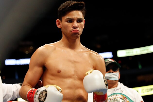DALLAS, TEXAS - JANUARY 02:  Ryan Garcia stands in his corner before the WBC Interim Lightweight Title fight against Luke Campbell at American Airlines Center on January 02, 2021 in Dallas, Texas. (Photo by Tim Warner/Getty Images)