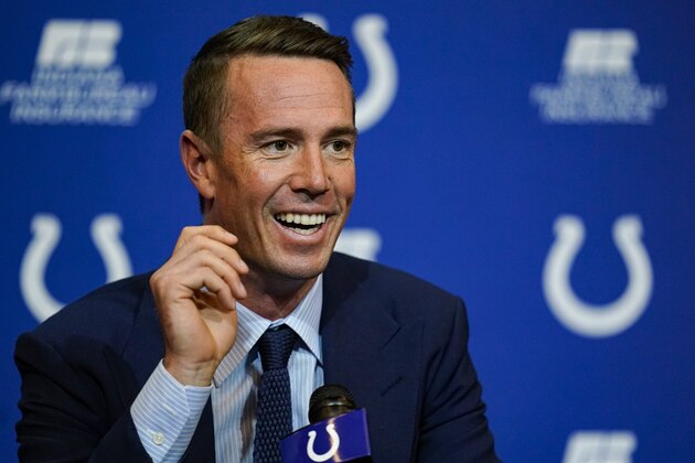 Indianapolis Colts quarterback Matt Ryan speaks during a news conference at the NFL team's practice facility in Indianapolis, Tuesday, March 22, 2022. After 14 seasons in Atlanta, Ryan joined his new team Tuesday, March 22, 2022. In his first public comments, he thanked the Falcons for the success and memories he built during his tenure as the best starting quarterback in franchise history. But the soon-to-be 37-year-old Ryan also embraces his role with Indy. The Colts believe Ryan can make them a Super Bowl contender by stabilizing a position that has had six different opening day starters over the past six seasons. (AP Photo/Michael Conroy) Indianapolis Colts quarterback Matt Ryan speaks during a news conference at the NFL team's practice facility in Indianapolis, Tuesday, March 22, 2022. After 14 seasons in Atlanta, Ryan joined his new team Tuesday, March 22, 2022. In his first public comments, he thanked the Falcons for the success and memories he built during his tenure as the best starting quarterback in franchise history. But the soon-to-be 37-year-old Ryan also embraces his role with Indy. The Colts believe Ryan can make them a Super Bowl contender by stabilizing a position that has had six different opening day starters over the past six seasons. (AP Photo/Michael Conroy)