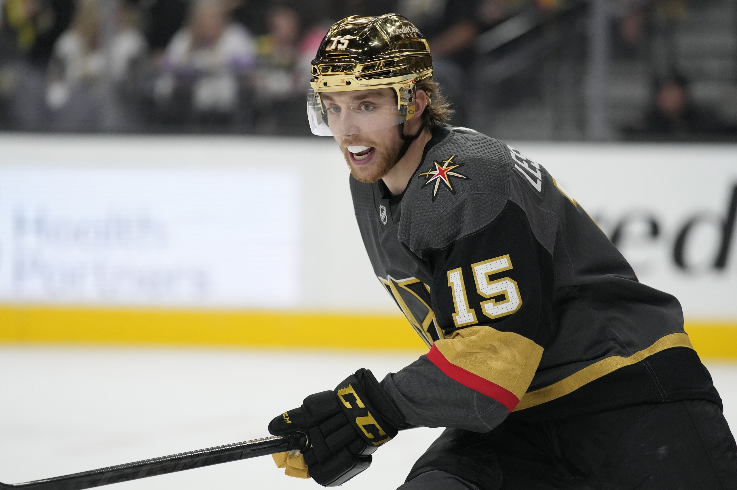 Vegas Golden Knights center Jake Leschyshyn (15) plays against the Vancouver Canucks during an NHL hockey game Wednesday, April 6, 2022, in Las Vegas. (AP Photo/John Locher)