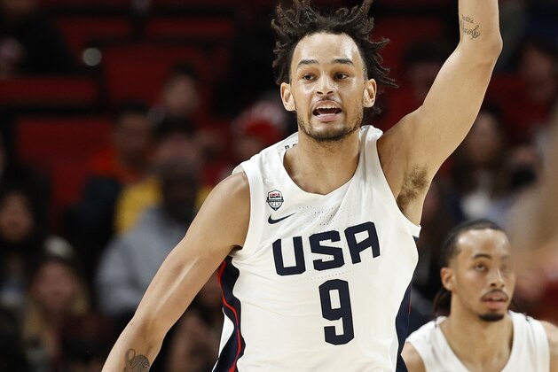 PORTLAND, OREGON - APRIL 08: Dereck Lively II #9 of USA Team reacts during the third quarter against World Team during the Nike Hoop Summit at Moda Center on April 08, 2022 in Portland, Oregon. (Photo by Steph Chambers/Getty Images)