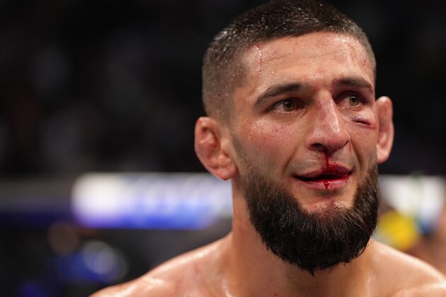 JACKSONVILLE, FLORIDA - APRIL 09: Khamzat Chimaev of Russia reacts after his three round battle against Gilbert Burns of Brazil in their welterweight fight during the UFC 273 event at VyStar Veterans Memorial Arena on April 09, 2022 in Jacksonville, Florida. (Photo by Jeff Bottari/Zuffa LLC)