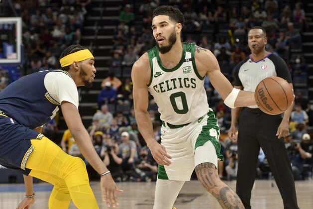 Boston Celtics forward Jayson Tatum (0) handles the ball against Memphis Grizzlies guard Ziaire Williams in the second half of an NBA basketball game Sunday, April 10, 2022, in Memphis, Tenn. (AP Photo/Brandon Dill)