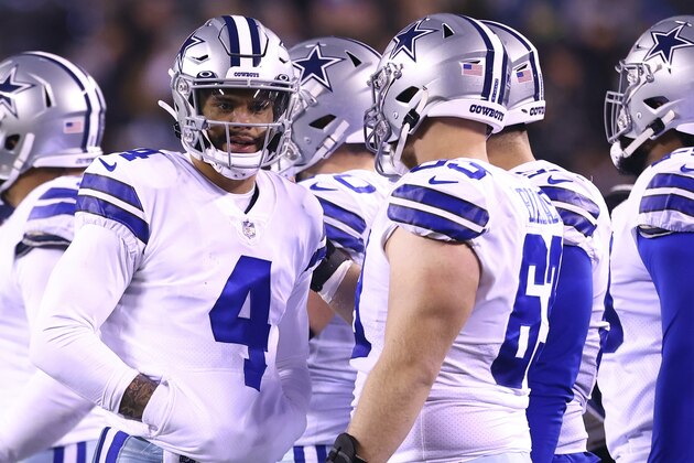 Dallas Cowboys quarterback Dak Prescott (4) talks with center Tyler Biadasz (63) against the Philadelphia Eagles during an NFL football game, Saturday, Jan. 8, 2022, in Philadelphia. (AP Photo/Rich Schultz)