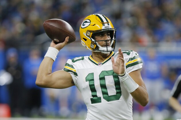 Green Bay Packers quarterback Jordan Love throws during the second half of an NFL football game against the Detroit Lions, Sunday, Jan. 9, 2022, in Detroit. (AP Photo/Duane Burleson)