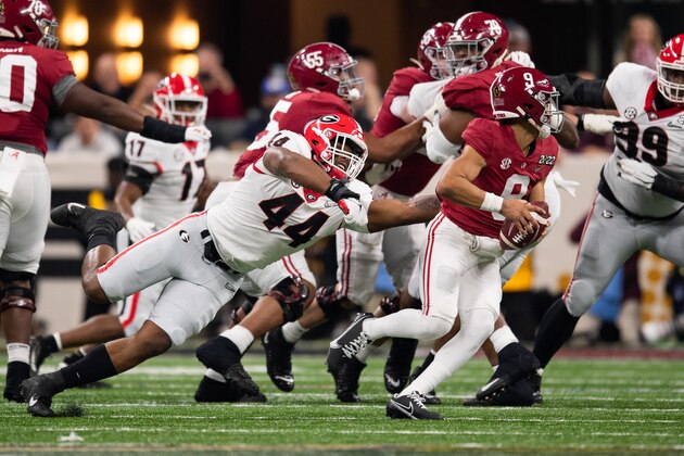 INDIANAPOLIS, IN - JANUARY 10: Georgia Bulldogs DL Travon Walker (44) gets pressure on Alabama Crimson Tide QB Bryce Young (9) during the Alabama Crimson Tide versus the Georgia Bulldogs in the College Football Playoff National Championship, on January 10, 2022, at Lucas Oil Stadium in Indianapolis, IN. (Photo by Zach Bolinger/Icon Sportswire via Getty Images) INDIANAPOLIS, IN - JANUARY 10: Georgia Bulldogs DL Travon Walker (44) gets pressure on Alabama Crimson Tide QB Bryce Young (9) during the Alabama Crimson Tide versus the Georgia Bulldogs in the College Football Playoff National Championship, on January 10, 2022, at Lucas Oil Stadium in Indianapolis, IN. (Photo by Zach Bolinger/Icon Sportswire via Getty Images)
