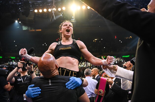 New York , United States - 30 April 2022; Katie Taylor celebrates victory after her undisputed world lightweight championship fight with Amanda Serrano at Madison Square Garden in New York, USA. (Photo By Stephen McCarthy/Sportsfile via Getty Images)