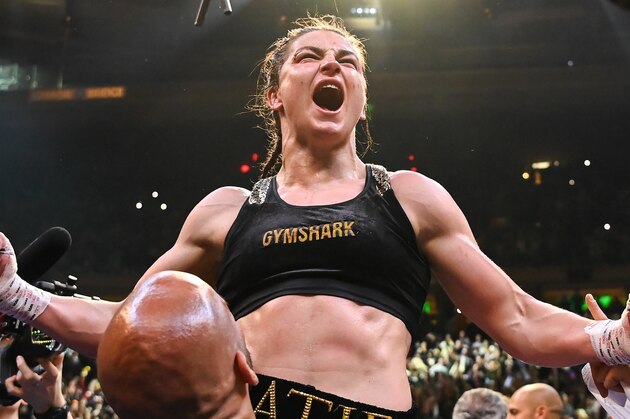 New York , United States - 30 April 2022; Katie Taylor celebrates victory after her undisputed world lightweight championship fight with Amanda Serrano at Madison Square Garden in New York, USA. (Photo By Stephen McCarthy/Sportsfile via Getty Images)