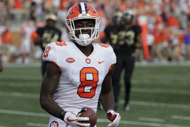 Clemson's Justyn Ross (8) runs for a touchdown against Wake Forest during the first half of an NCAA college football game in Charlotte, N.C., Saturday, Oct. 6, 2018. (AP Photo/Chuck Burton)