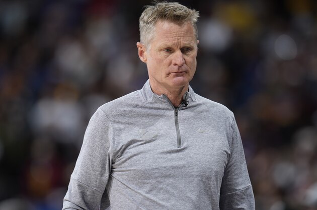 Golden State Warriors head coach Steve Kerr () in the first half of Game 4 of an NBA basketball first-round Western Conference playoff series Sunday, April 24, 2022, in Denver. (AP Photo/David Zalubowski)