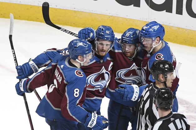 DENVER, CO - MAY 03: from left to right, Colorado Avalanche defenseman Cale Makar (8), Colorado Avalanche left wing Gabriel Landeskog (92), Colorado Avalanche left wing J.T. Compher (37) and Colorado Avalanche right wing Mikko Rantanen (96) celebrate a goal credited to Landeskog again the Nashville Predators in the second period of the first round of the Stanley Cup playoffs at Ball Arena May 03, 2022. (Photo by Andy Cross/MediaNews Group/The Denver Post via Getty Images)