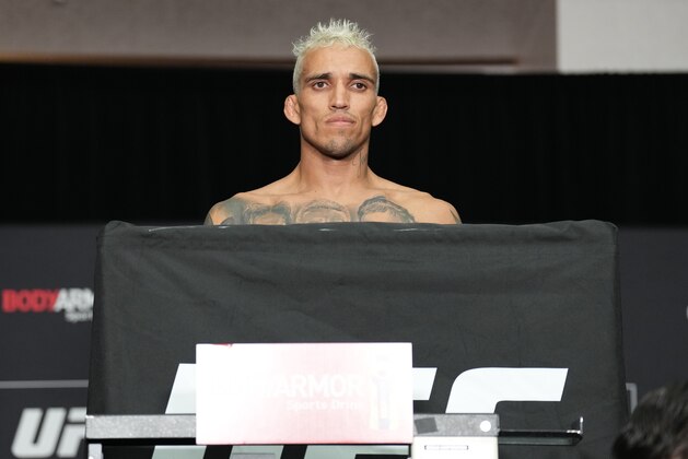PHOENIX, ARIZONA - MAY 06: Charles Oliveira of Brazil fails to make weight on his first attempt during the UFC 274 official weigh-in at the Hyatt Regency hotel on May 06, 2022 in Phoenix, Arizona. (Photo by Chris Unger/Zuffa LLC)