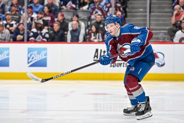 DENVER, CO - MAY 05: Colorado Avalanche defenseman Cale Makar (8) passes the puck forward during a Stanley Cup Playoffs round 1 game between the Nashville Predators and the Colorado Avalanche at Ball Arena in Denver, Colorado on May 5, 2022. (Photo by Dustin Bradford/Icon Sportswire via Getty Images)