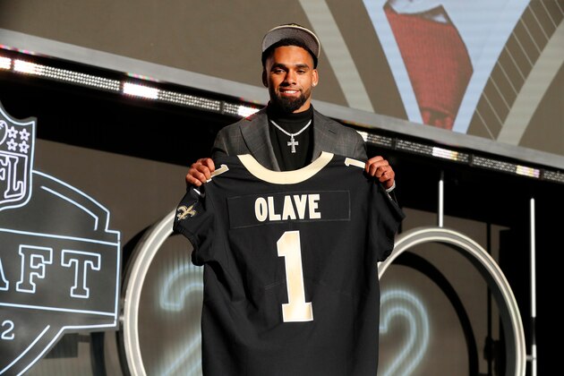 LAS VEGAS, NV - APRIL 28: Chris Olave, Ohio State University is selected as the number eleven pick by the New Orleans Saints during the NFL Draft on April 28, 2022 in Las Vegas, Nevada. (Photo by Jeff Speer/Icon Sportswire via Getty Images)
