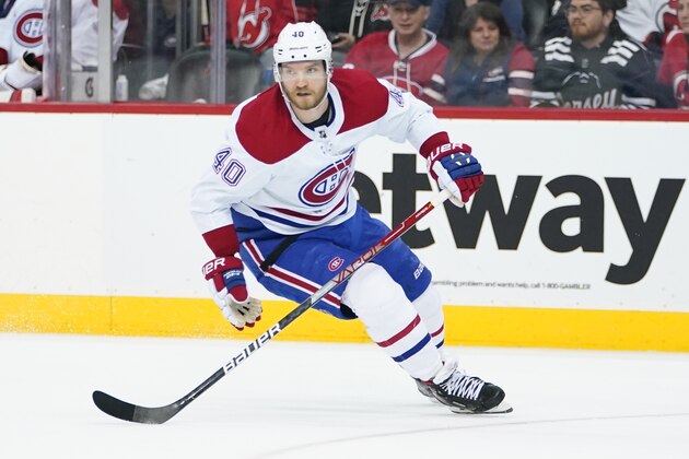 Montreal Canadiens' Joel Armia (40) during the second period of an NHL hockey game against the New Jersey Devils Thursday, April 7, 2022, in Newark, N.J. (AP Photo/Frank Franklin II)