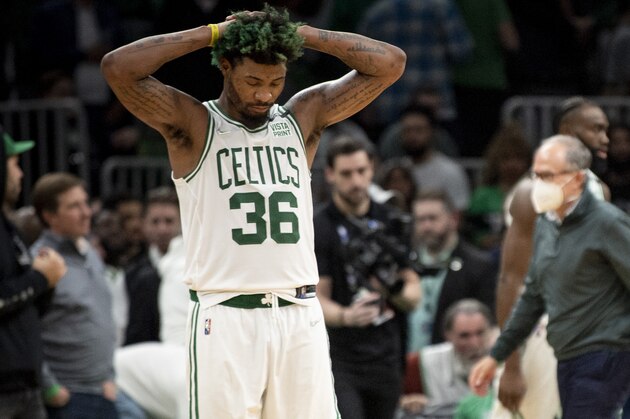 BOSTON, MASSACHUSETTS - MAY 11: Marcus Smart #36 of the Boston Celtics reacts after a 110-107 loss to the Milwaukee Bucks in Game Five of the Eastern Conference Semifinals at TD Garden on May 11, 2022 in Boston, Massachusetts. NOTE TO USER: User expressly acknowledges and agrees that, by downloading and or using this photograph, User is consenting to the terms and conditions of the Getty Images License Agreement. (Photo by Maddie Malhotra/Getty Images)
