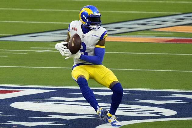 Los Angeles Rams wide receiver Odell Beckham Jr. (3) bobbles the ball on a play during the first half of the NFL Super Bowl 56 football game Sunday, Feb. 13, 2022, in Inglewood, Calif. Beckham was injured on the play. (AP Photo/Julio Cortez)