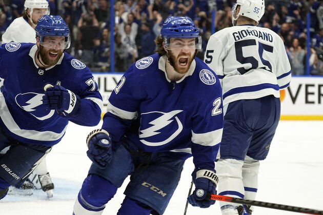 Tampa Bay Lightning center Brayden Point (21) celebrates after scoring the game-winning goal during sudden-death overtime in Game 6 of an NHL hockey first-round playoff series Thursday, May 12, 2022, in Tampa, Fla. (AP Photo/Chris O'Meara)