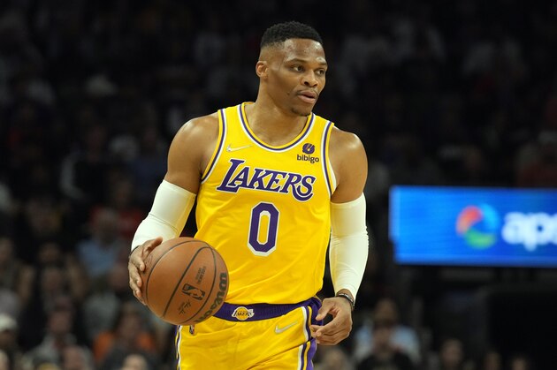 Los Angeles Lakers guard Russell Westbrook (0) during the first half of an NBA basketball game against the Phoenix Suns, Tuesday, April 5, 2022, in Phoenix. (AP Photo/Rick Scuteri)