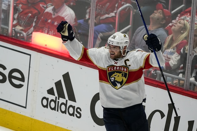 Florida Panthers center Aleksander Barkov (16) celebrates his goal during the third period of Game 6 in the first round of the NHL Stanley Cup hockey playoffs against the Washington Capitals, Friday, May 13, 2022, in Washington. (AP Photo/Alex Brandon) Florida Panthers center Aleksander Barkov (16) celebrates his goal during the third period of Game 6 in the first round of the NHL Stanley Cup hockey playoffs against the Washington Capitals, Friday, May 13, 2022, in Washington. (AP Photo/Alex Brandon)
