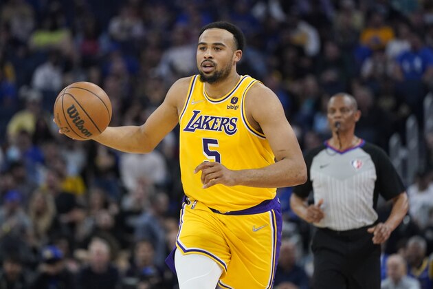Los Angeles Lakers guard Talen Horton-Tucker (5) during an NBA basketball game against the Golden State Warriors in San Francisco, Thursday, April 7, 2022. (AP Photo/Jeff Chiu)
