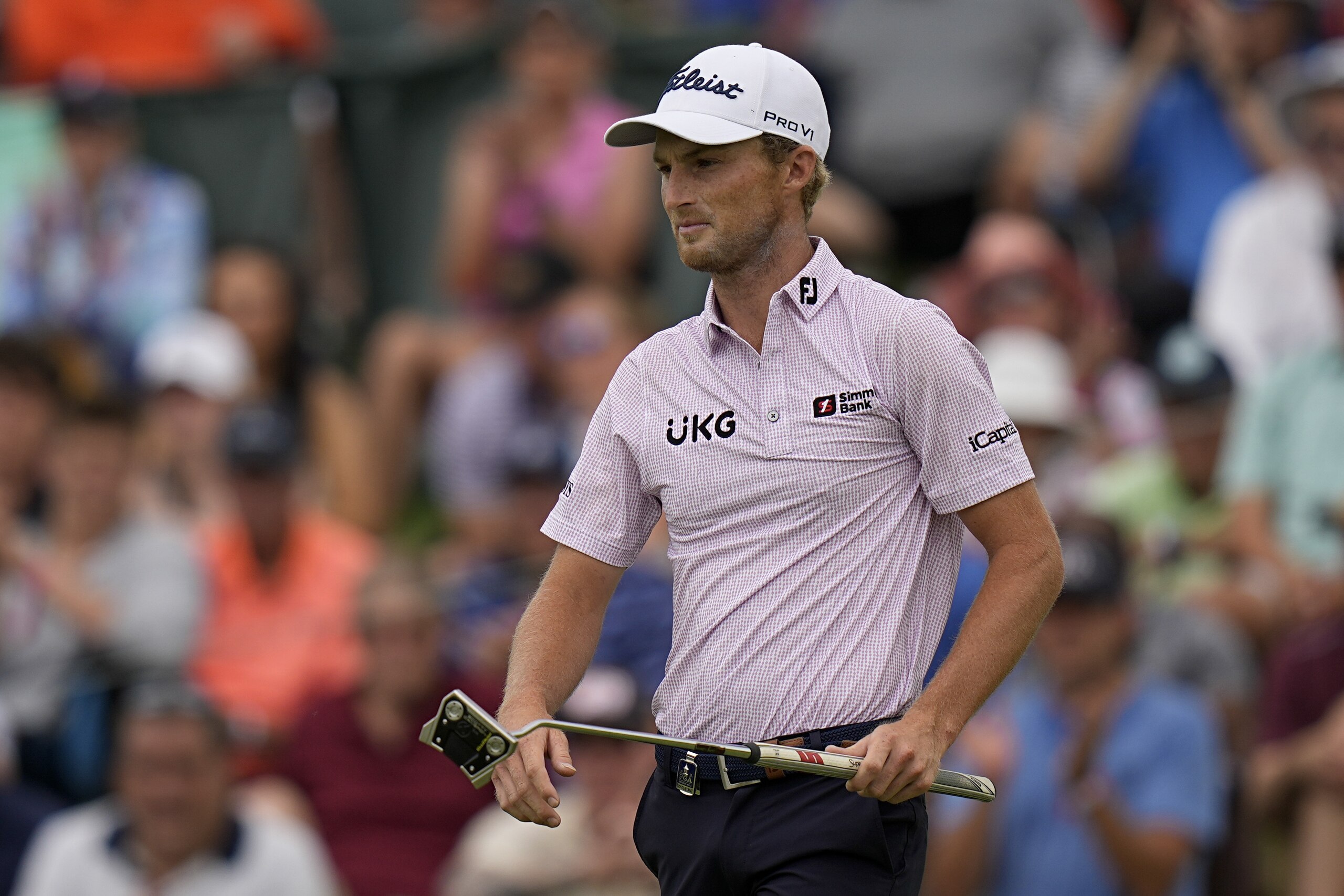 Will Zalatoris walks on the fourth green during the second round of the PGA Championship golf tournament at Southern Hills Country Club, Friday, May 20, 2022, in Tulsa, Okla. (AP Photo/Eric Gay)