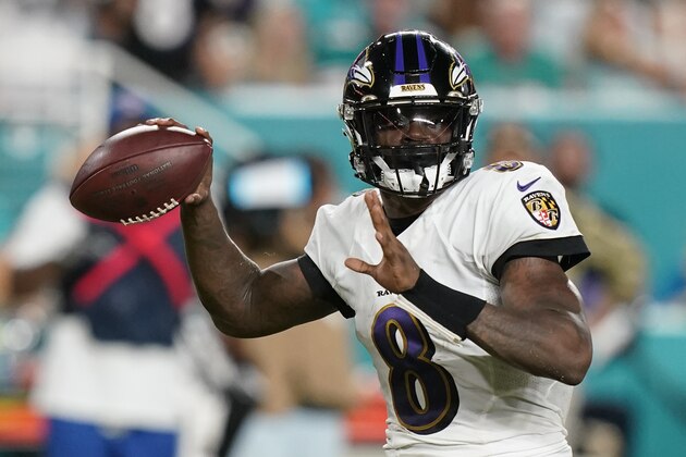 Baltimore Ravens quarterback Lamar Jackson (8) passes during the first half of an NFL football game against the Miami Dolphins, Thursday, Nov. 11, 2021, in Miami Gardens, Fla. (AP Photo/Lynne Sladky)