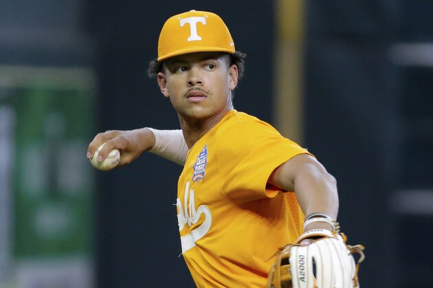 Tennessee infielder Trey Lipscomb (21) during an NCAA baseball game against Oklahoma on Sunday, March 6, 2022, in Houston. (AP Photo/Michael Wyke).