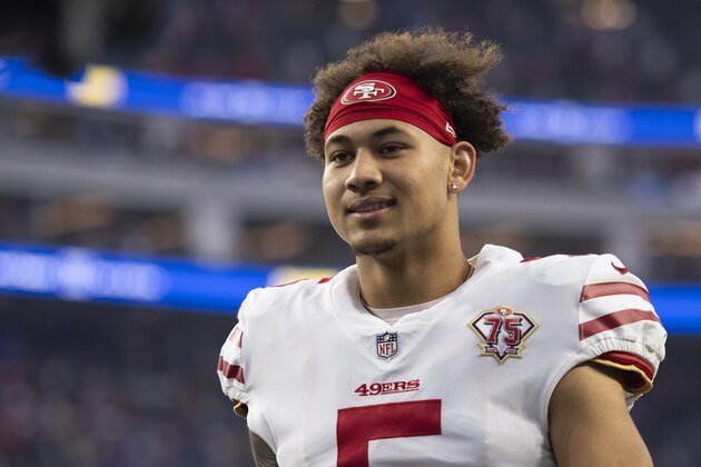 San Francisco 49ers quarterback Trey Lance (5) walks back to the locker room after an NFL football game against the Los Angeles Rams Sunday, Jan. 9, 2022, in Inglewood, Calif. (AP Photo/Kyusung Gong)