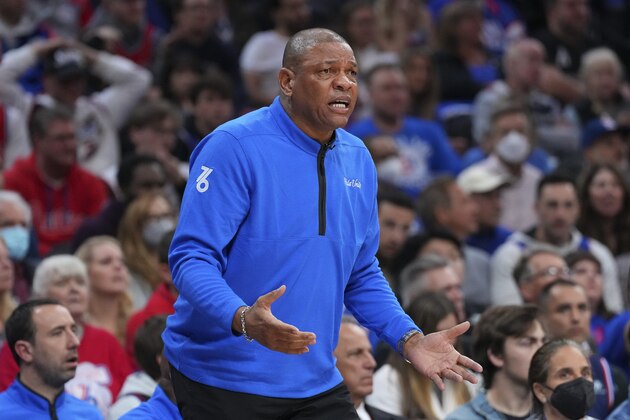 PHILADELPHIA, PA - MAY 08: Head coach Doc Rivers of the Philadelphia 76ers reacts against the Miami Heat during Game Four of the 2022 NBA Playoffs Eastern Conference Semifinals at the Wells Fargo Center on May 8, 2022 in Philadelphia, Pennsylvania. The 76ers defeated the Heat 116-108. NOTE TO USER: User expressly acknowledges and agrees that, by downloading and or using this photograph, User is consenting to the terms and conditions of the Getty Images License Agreement. (Photo by Mitchell Leff/Getty Images)