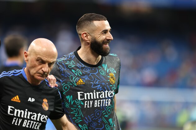 MADRID, SPAIN - MAY 20: Karim Benzema of Real Madrid smiles during the spanish league, La Liga Santander, football match played between Real Madrid and Real Betis Balompie at Santiago Bernabeu stadium on May 20, 2022, in Madrid Spain. (Photo by Oscar J. Barroso/Anadolu Agency via Getty Images)