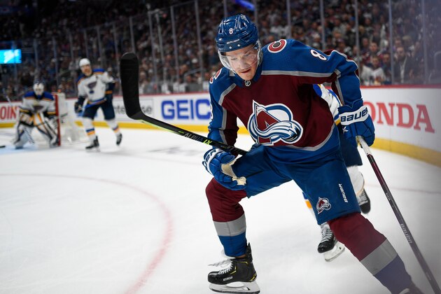 DENVER, CO - MAY 25: Colorado Avalanche defenseman Cale Makar (8) works to control the puck during a Stanley Cup Playoffs round 2 game between the St. Louis Blues and the Colorado Avalanche at Ball Arena in Denver, Colorado on May 25, 2022. (Photo by Dustin Bradford/Icon Sportswire via Getty Images)