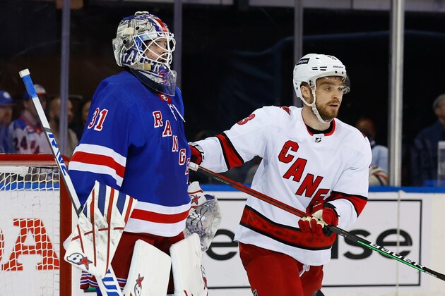 NEW YORK, NY - MAY 28:  Carolina Hurricanes center Max Domi (13) in front of New York Rangers goaltender Igor Shesterkin (31) during Game 6 of round 2 of the Stanley Cup playoffs on May 28, 2022 at Madison Square Garden in New York, New York.   (Photo by Rich Graessle/Icon Sportswire via Getty Images)