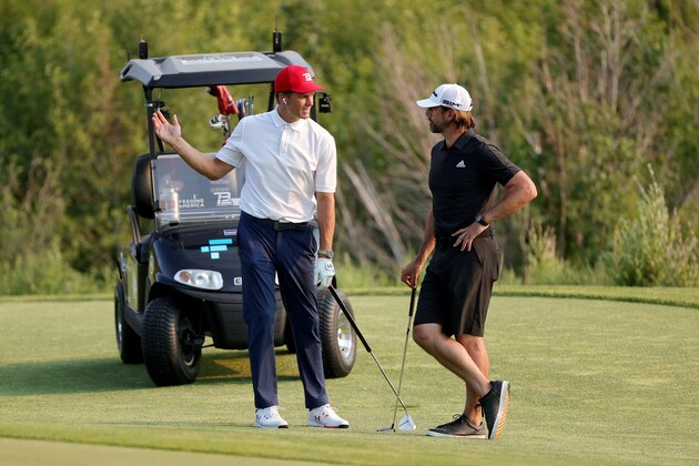 BIG SKY, MONTANA - JULY 06: Tom Brady (L) and Aaron Rodgers meet during Capital One's The Match at The Reserve at Moonlight Basin on July 06, 2021 in Big Sky, Montana. (Photo by Stacy Revere/Getty Images for The Match)