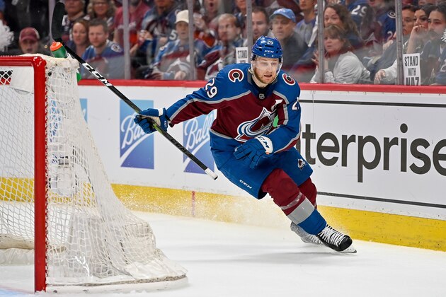DENVER, CO - MAY 25: Colorado Avalanche center Nathan MacKinnon (29) celebrates after scoring a third period goal past St. Louis Blues goaltender Ville Husso (35) for hit third goal of the game during a Stanley Cup Playoffs round 2 game between the St. Louis Blues and the Colorado Avalanche at Ball Arena in Denver, Colorado on May 25, 2022. (Photo by Dustin Bradford/Icon Sportswire via Getty Images)