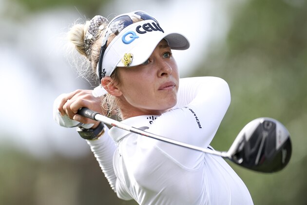 BOCA RATON, FLORIDA - JANUARY 27: Nelly Korda hits from the 18th tee during the first round of the 2022 Gainbridge LPGA at Boca Rio Golf Club on January 27, 2022 in Boca Raton, Florida. (Photo by Douglas P. DeFelice/Getty Images)