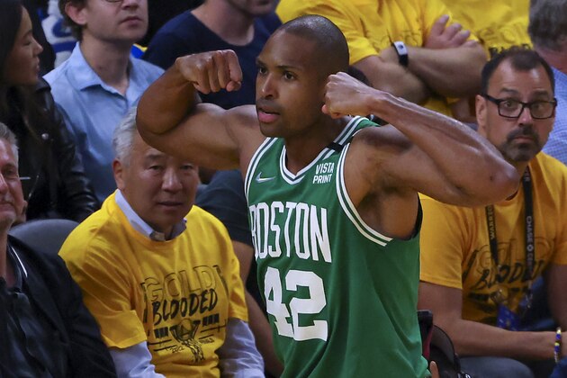 Boston - June 2: Boston Celtics Al Horford (42) after making a layup against the Golden State Warriors during fourth quarter. The Boston Celtics visited the Golden State Warriors for Game One of the NBA Finals at the Chase Center in San Francisco, CA on June 2, 2022. (Photo by Matthew J. Lee/The Boston Globe via Getty Images)