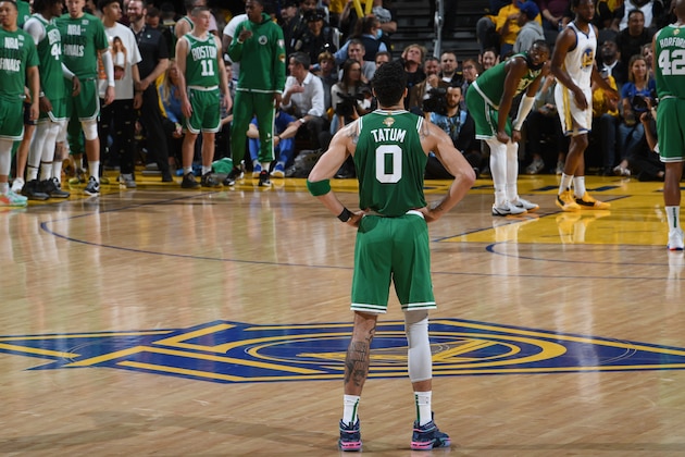 SAN FRANCISCO, CA - JUNE 2:  Jayson Tatum #0 of the Boston Celtics looks on during Game One of the 2022 NBA Finals on June 2, 2022 at Chase Center in San Francisco, California. NOTE TO USER: User expressly acknowledges and agrees that, by downloading and or using this photograph, user is consenting to the terms and conditions of Getty Images License Agreement. Mandatory Copyright Notice: Copyright 2022 NBAE (Photo by Noah Graham/NBAE via Getty Images)