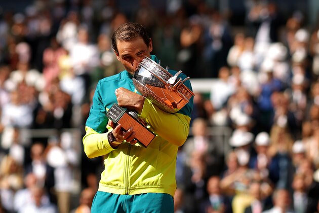 PARIS, FRANCE - JUNE 05: Rafael Nadal of Spain celebrates with the trophy after winning against Casper Ruud of Norway during the Men's Singles Final match on Day 15 of The 2022 French Open at Roland Garros on June 05, 2022 in Paris, France. (Photo by Adam Pretty/Getty Images)