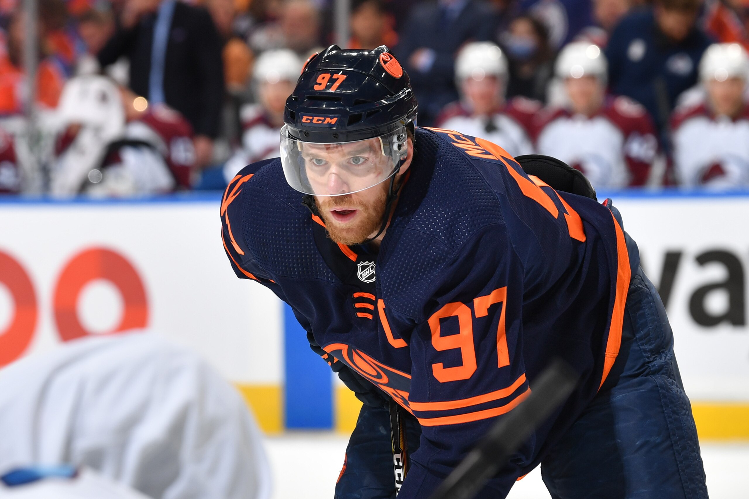 EDMONTON, AB - JUNE 4: Connor McDavid #97 of the Edmonton Oilers lines up for a face off during Game Three of the Western Conference Finals of the 2022 Stanley Cup Playoffs against the Colorado Avalanche on June 4, 2022 at Rogers Place in Edmonton, Alberta, Canada. (Photo by Andy Devlin/NHLI via Getty Images)