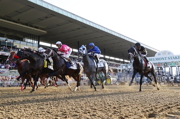 ELMONT, NEW YORK - JUNE 05:  Essential Quality with Luis Saez up (second from the right) starts the 153rd running of the Belmont Stakes and would go on to win  at Belmont Park on June 05, 2021 in Elmont, New York. (Photo by Al Bello/Getty Images)