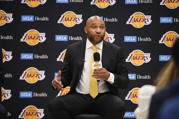 EL SEGUNDO, CA - JUNE 06: Los Angeles Lakers head coach Darvin Ham converses during his introductory press conference on June 06, 2022, at the UCLA Health Training Center in El Segundo, CA. (Photo by Jevone Moore/Icon Sportswire via Getty Images)