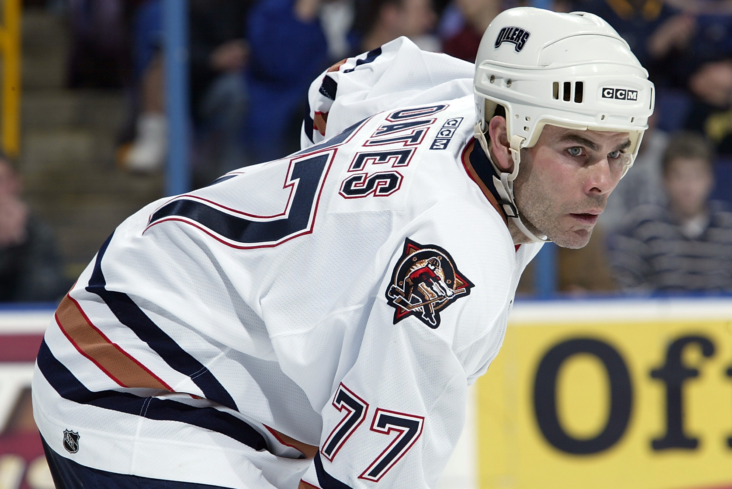 ST. LOUIS - MARCH 4:  Center Adam Oates #77 of the Edmonton Oilers is on the ice during the game against the St. Louis Blues at the Savvis Center on March 2, 2004 in St. Louis, Missouri. The Blues tied the Oilers 1-1. (Photo by Elsa/Getty Images)
