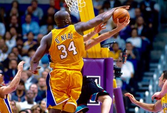 7 Nov 1999: Shaquille O''Neal #34 of the Los Angeles Lakers makes a layup during a game against the Dalls Mavericks at the Staples Center in Los Angeles, California. The Lakers defeated the Mavericks 105-97.