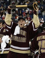 Boston College's Matt Price celebrates their 5-0 victory over Wisconsin in the NCAA Frozen Four championship hockey game in Detroit, Saturday, April 10, 2010. (AP Photo/Paul Sancya)