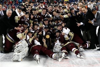 Boston College celebrates their 5-0 victory over Wisconsin in the NCAA Frozen Four championship hockey game in Detroit, Saturday, April 10, 2010.  (AP Photo/Paul Sancya)