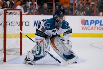 San Jose Sharks' Antero Niittymaki, of Finland, during an NHL hockey game against the Philadelphia Flyers, Wednesday, Dec. 8, 2010, in Philadelphia. (AP Photo/Matt Slocum)