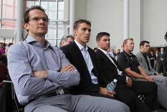 NEWARK, NJ - JULY 20: (L-R) New Jersey Devils players Patrik Elias, Zach Parise, Jamie Langenbrunner, Martin Brodeur and Pierre-Luc Letourneau-Leblond show up for a media opportunity announcing the contract renewal for Ilya Kovachukat the Prudential Cente