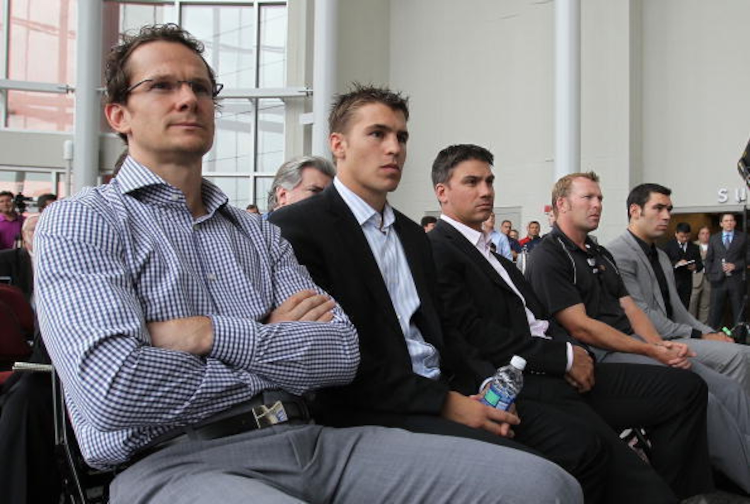 NEWARK, NJ - JULY 20: (L-R) New Jersey Devils players Patrik Elias, Zach Parise, Jamie Langenbrunner, Martin Brodeur and Pierre-Luc Letourneau-Leblond show up for a media opportunity announcing the contract renewal for Ilya Kovachukat the Prudential Cente